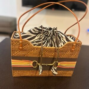 Woven Rattan Zebra-Print Drawstring Tote - Brown & Zebra, brass bit on front